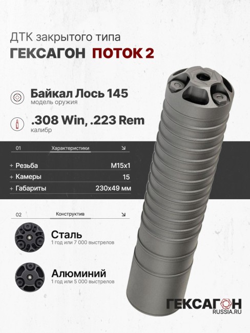 ДТК закрытого типа Гексагон ПОТОК 2 на Байкал Лось 145 М15х1 калибр .308Win фото 1