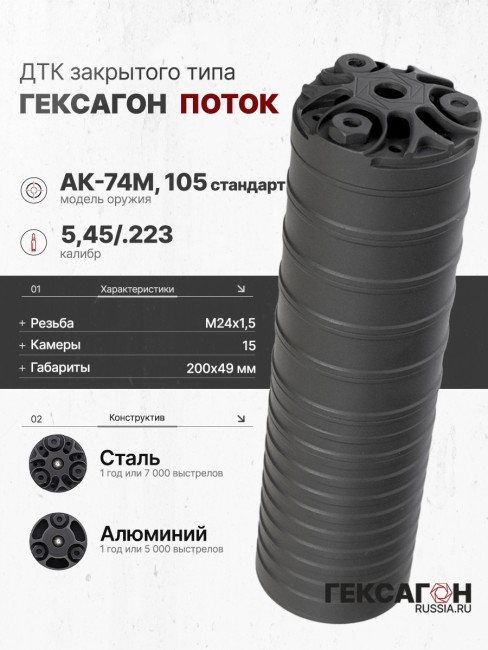 ДТК закрытого типа Гексагон ПОТОК на АК-74M/105 стандарт, калибр 5,45/.223 фото 1